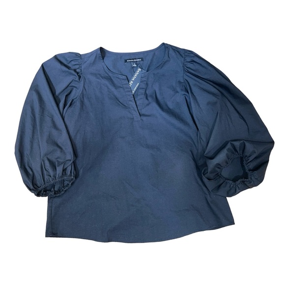 New Banana Republic POPLIN PUFF-SLEEVE BLOUSE size Small BLACK - Picture 3 of 6